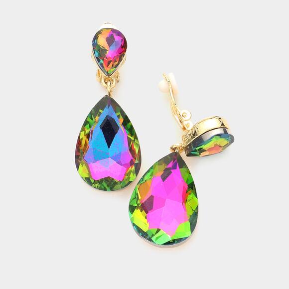 Clip on 1 3/4" gold and green fluorescent stone double teardrop dangle earrings - Picture 1 of 4